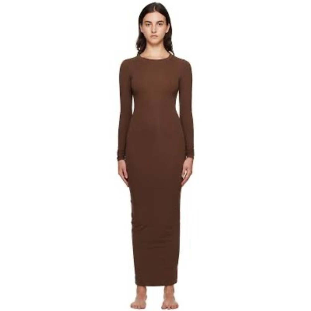 SKIMS Fits Everybody Crew Neck Long Sleeve Maxi Dress Brown Sz 4X NWT